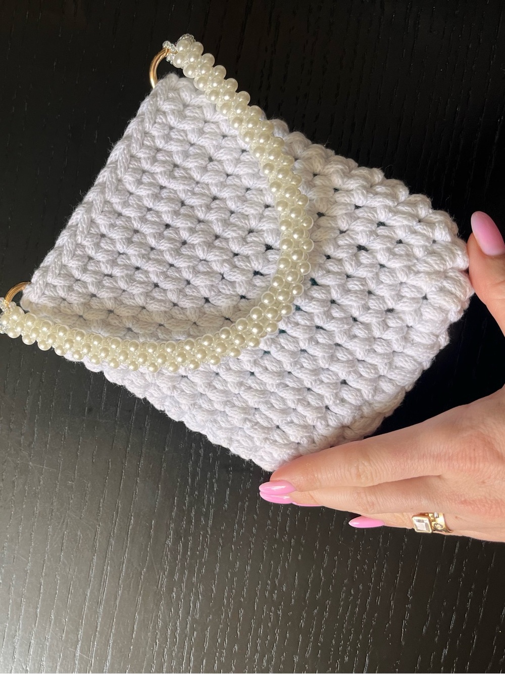 Elegant Pearl-Handle Crochet Clutch - White